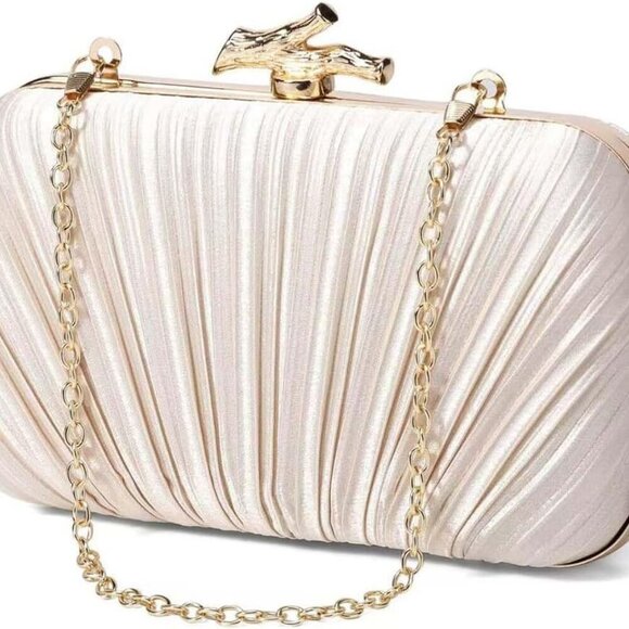Gold Pleated Clutch Evening Bag with Detachable Chain - Perfect for Weddings